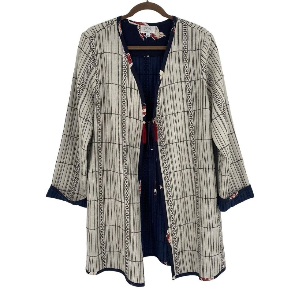 Johnny Was Navy and Cream Open Front Knit Cardigan